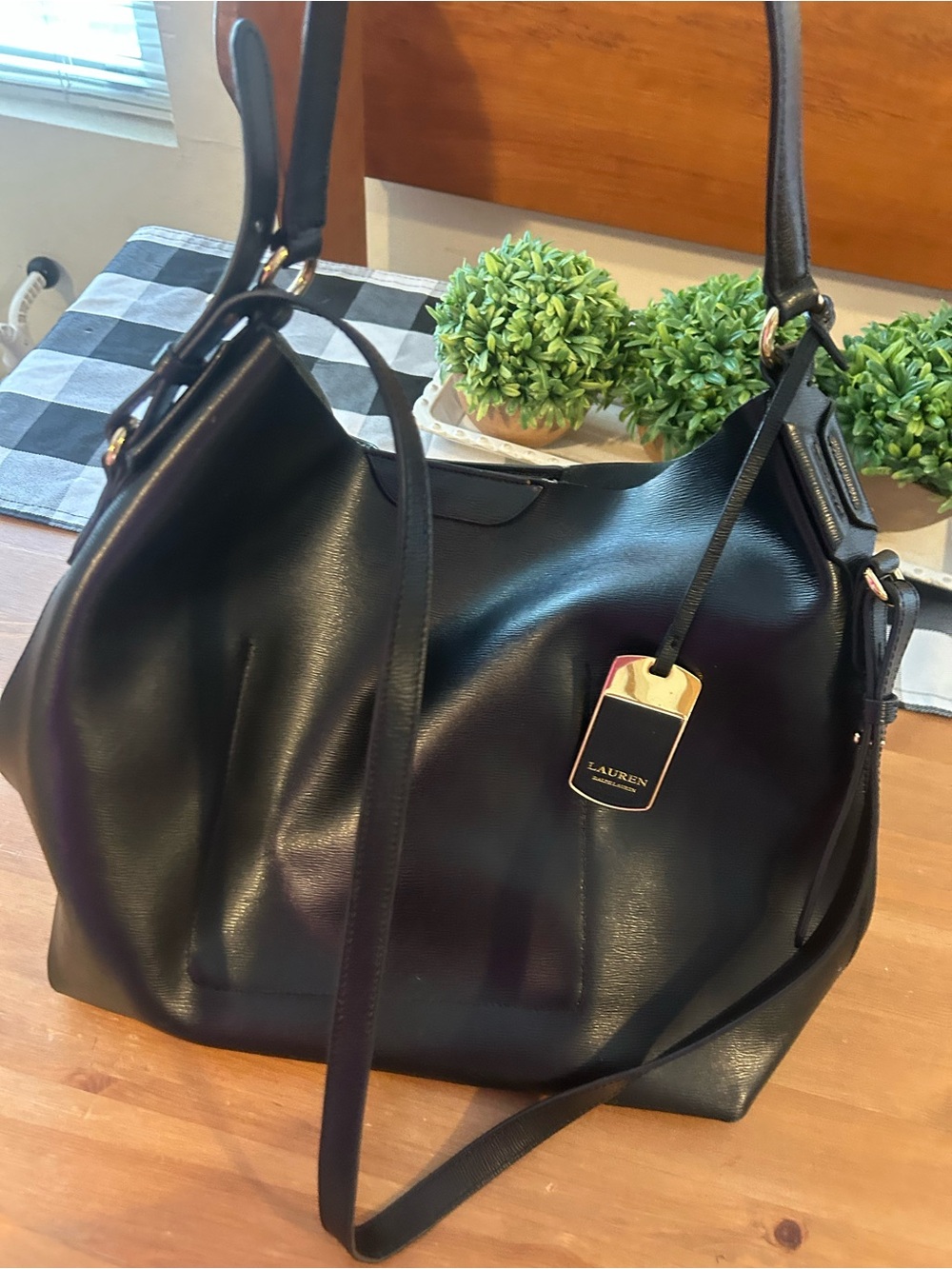 Lauren Ralph Lauren Black Leather Shoulder Bag with Gold Tone Tag